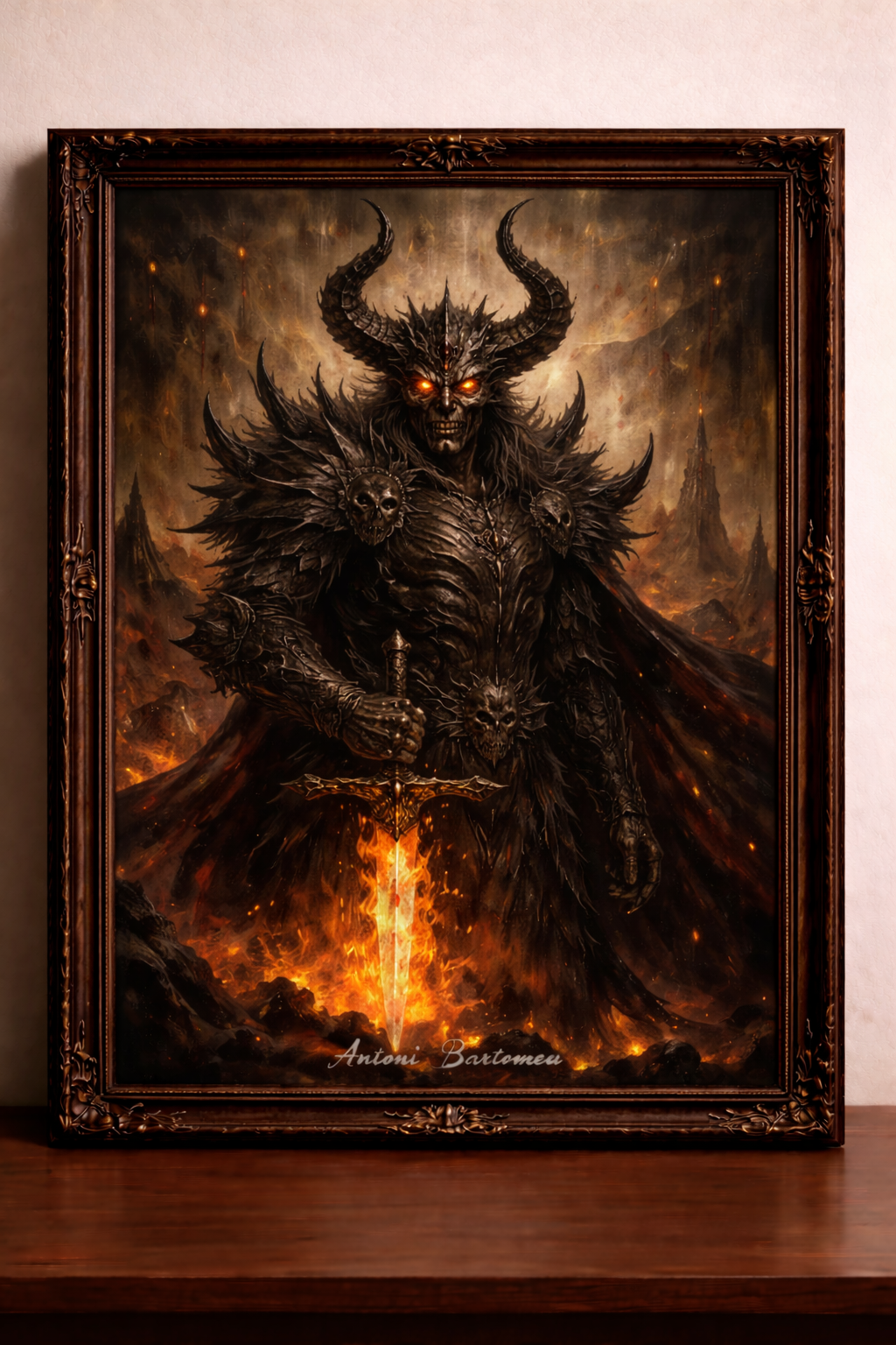 Demonic warrior in a hellish landscape