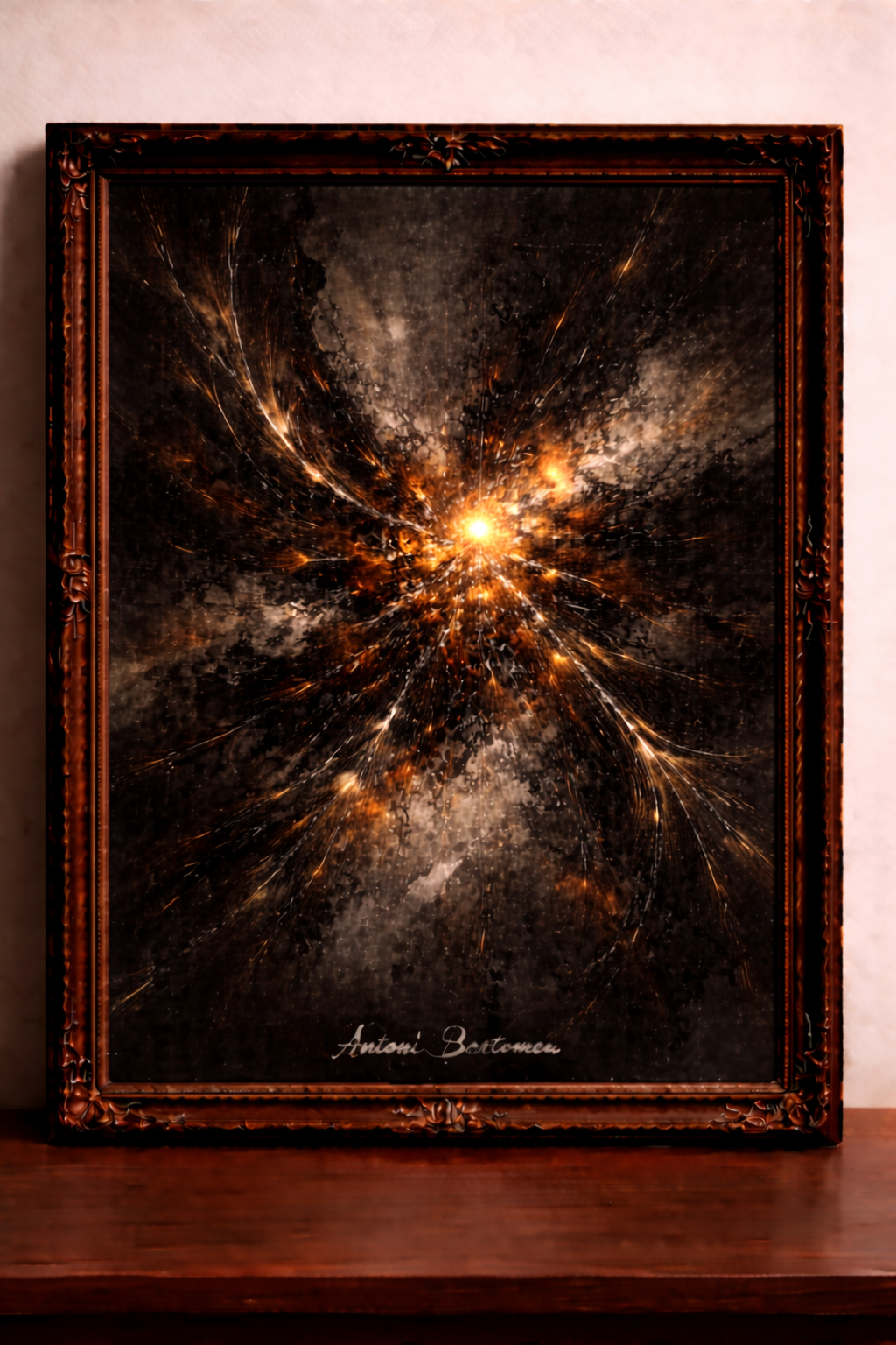 Fiery explosion in swirling darkness