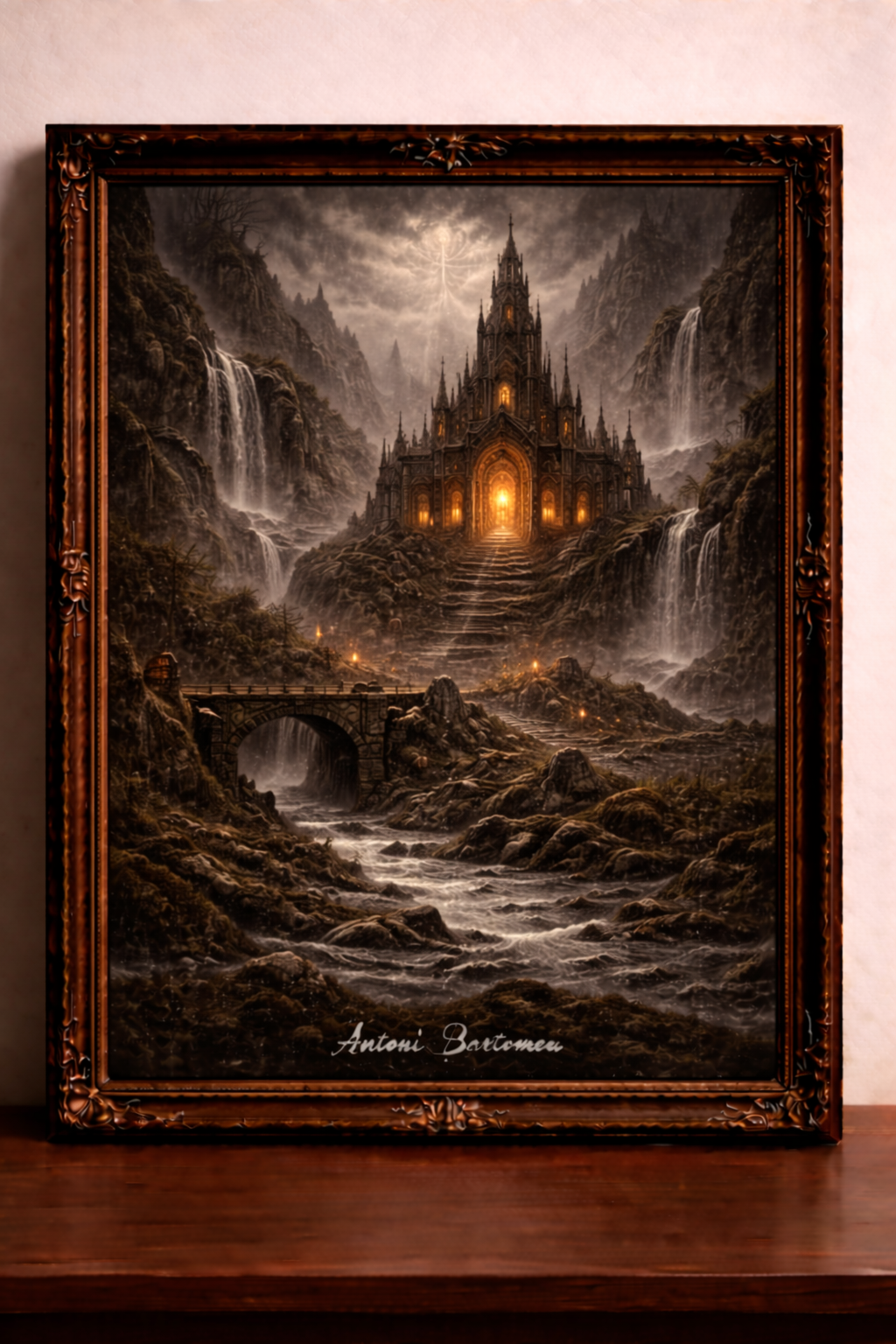 Gothic cathedral by misty waterfalls