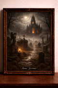 Gothic graveyard under a moonlit sky