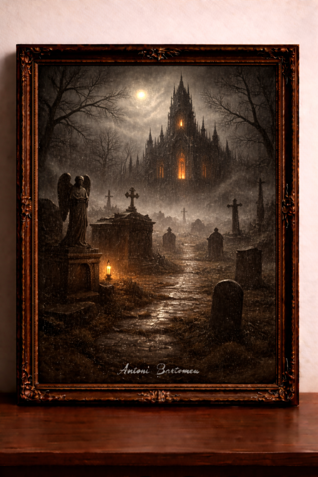 Gothic graveyard under a moonlit sky