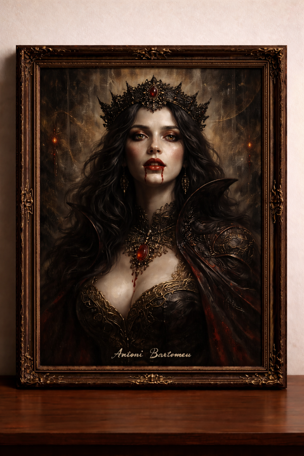 Gothic vampire queen with blood gemstone