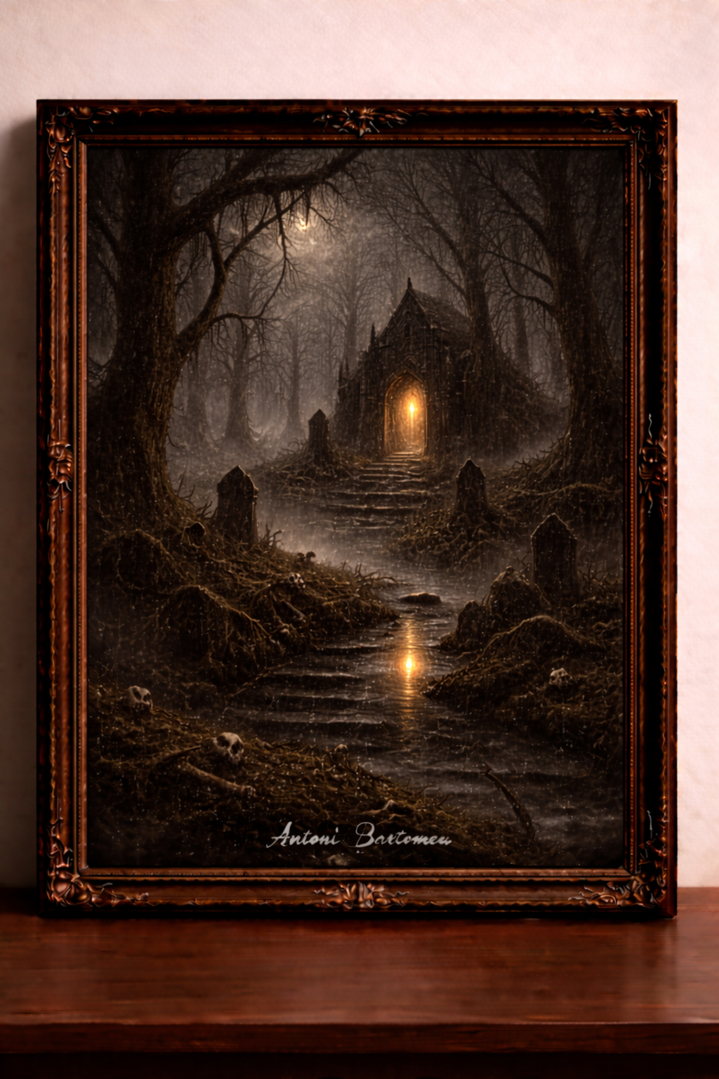 Haunted chapel in the twilight forest