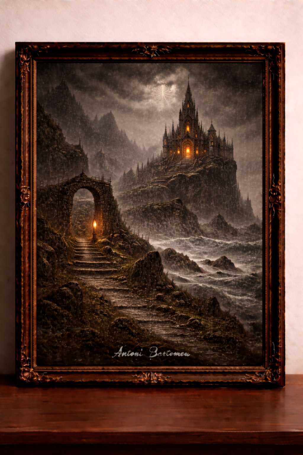 Mystic castle on a stormy cliff